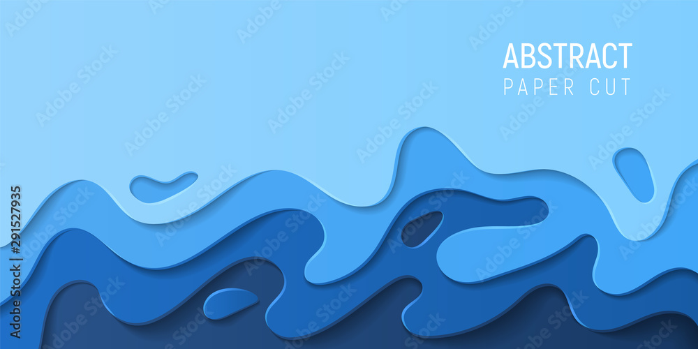 Plakat Błękitnego papieru cięcia wody abstrakta tło. Baner z 3d streszczenie papieru wyciąć niebieskie fale. Ekologiczny projekt. Ilustracji wektorowych