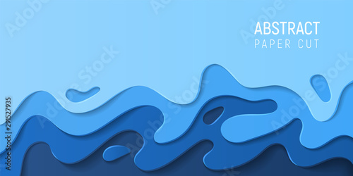 Fototapeta Błękitnego papieru cięcia wody abstrakta tło. Baner z 3d streszczenie papieru wyciąć niebieskie fale. Ekologiczny projekt. Ilustracji wektorowych
