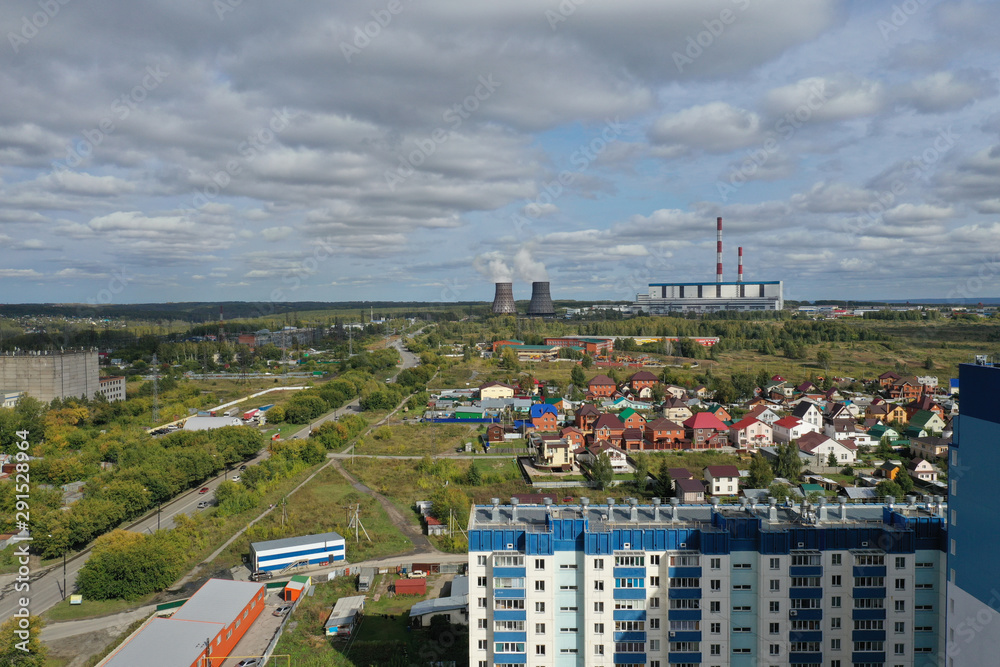 panorama of the Oktyabrsky district on Vybornaya street near the CHPP-5, the city of Novosibirsk, Russia, the month of September