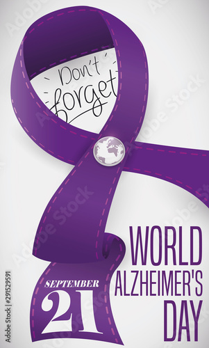 Purple Ribbon with Needlework and Button for World Alzheimer's Day, Vector Illustration