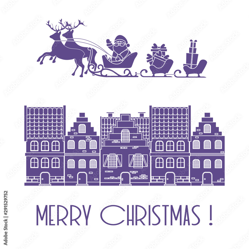 Christmas 2019 card. Santa, gifts, houses.