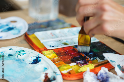 Artist paint brushes and watercolor paintbox on plastic palette.