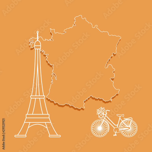 Map of France, tower, bicycle. © aquamarine_paint