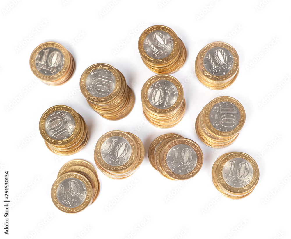 Stack of Russian jubilee coins of ten rubles Stack of Russian jubilee coins of ten rubles