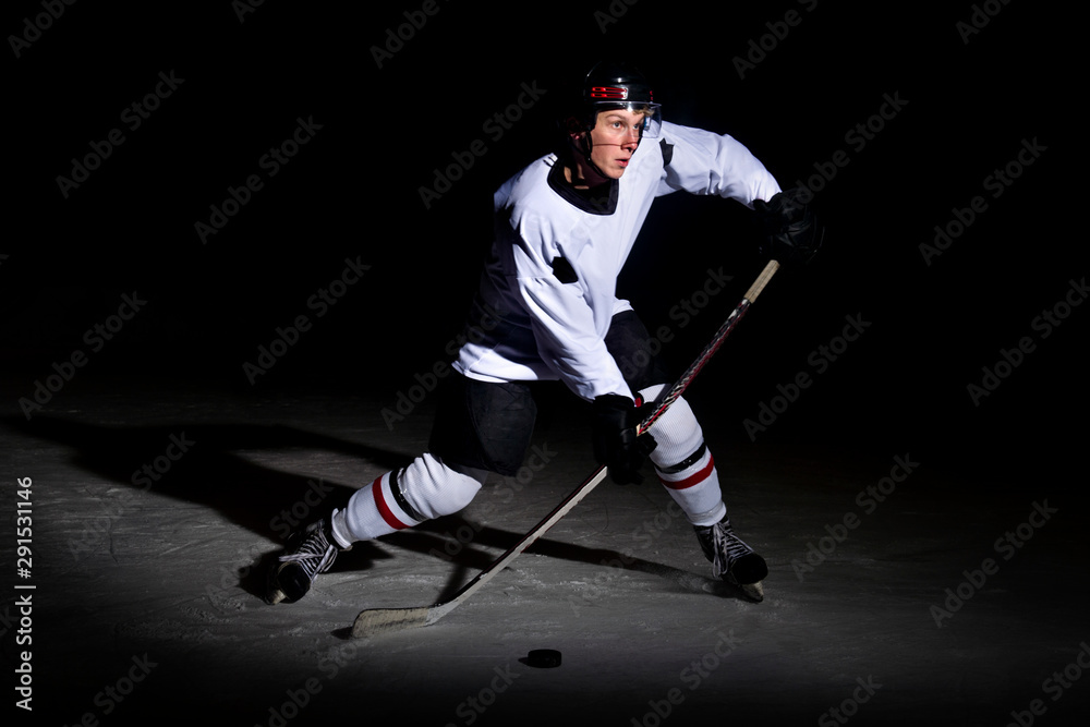 Fototapeta premium ice hockey player in action kicking with stick