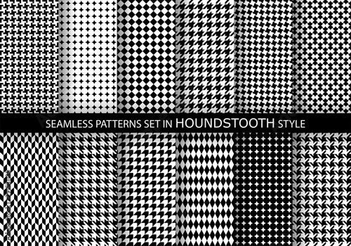 Set of classic fashion houndstooth seamless geometric patterns. Variations of pied de poule print