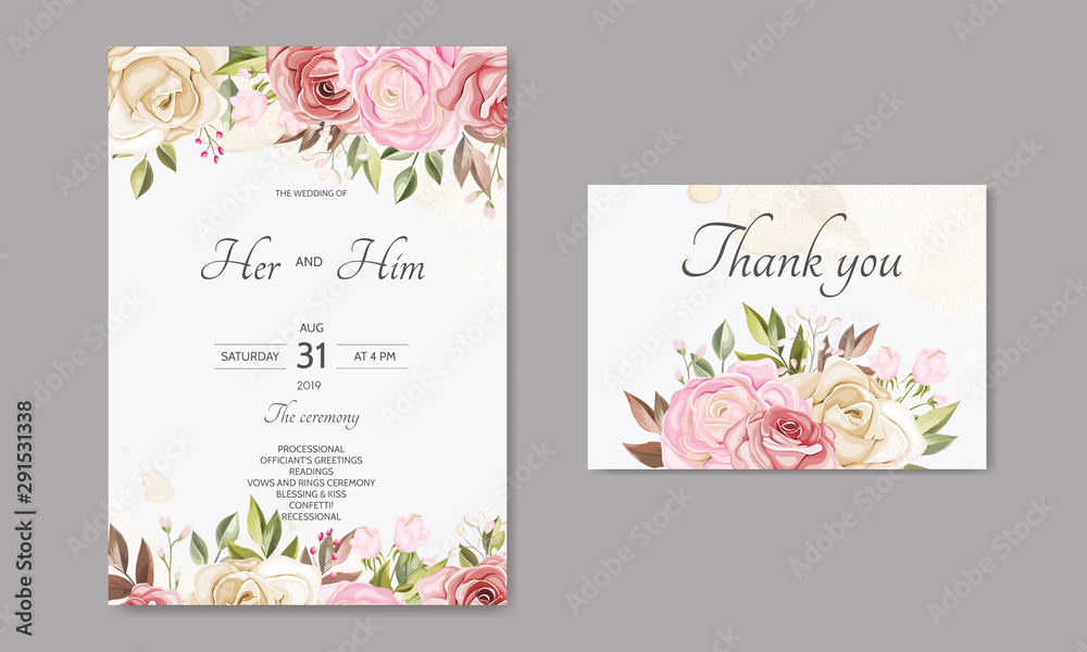Beautiful floral leaves wedding invitation card template