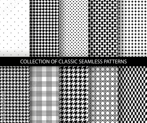 Set of classic fashion houndstooth seamless geometric patterns. Variations of pied de poule print