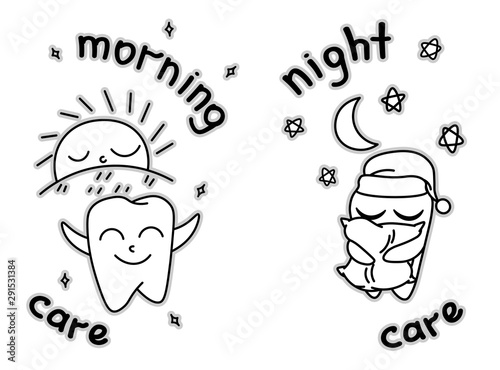 cute doodle happy teeth, cartoon drawing, for kids dental cabinet or books illustration, dental care and teeth health theme, brush teeth at night and morning, editable vector illustration