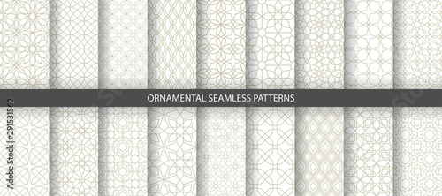 Big collection of light geometrical patterns. White, beige grille texture in Arabic, Oriental style. Set of seamless vector backgrounds.