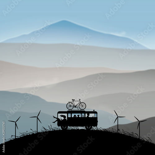 Cartoon retro car between windmills. Vector illustration with silhouettes of parents with children traveling in camper. Family road trip. Background with mountain foggy landscape