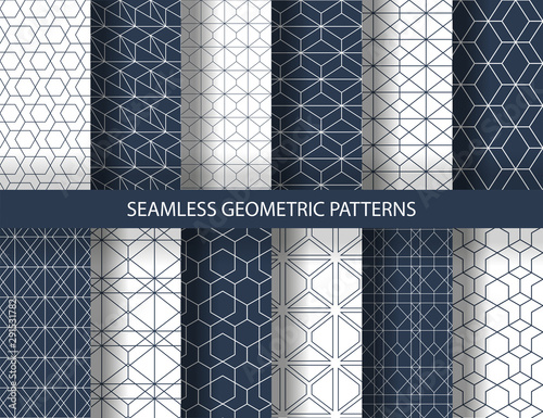 Set of seamless geometric patterns. Rich blue and white line backgrounds collection. Endless repeating linear texture for wallpaper, packaging, banners, invitations, business cards, fabric print