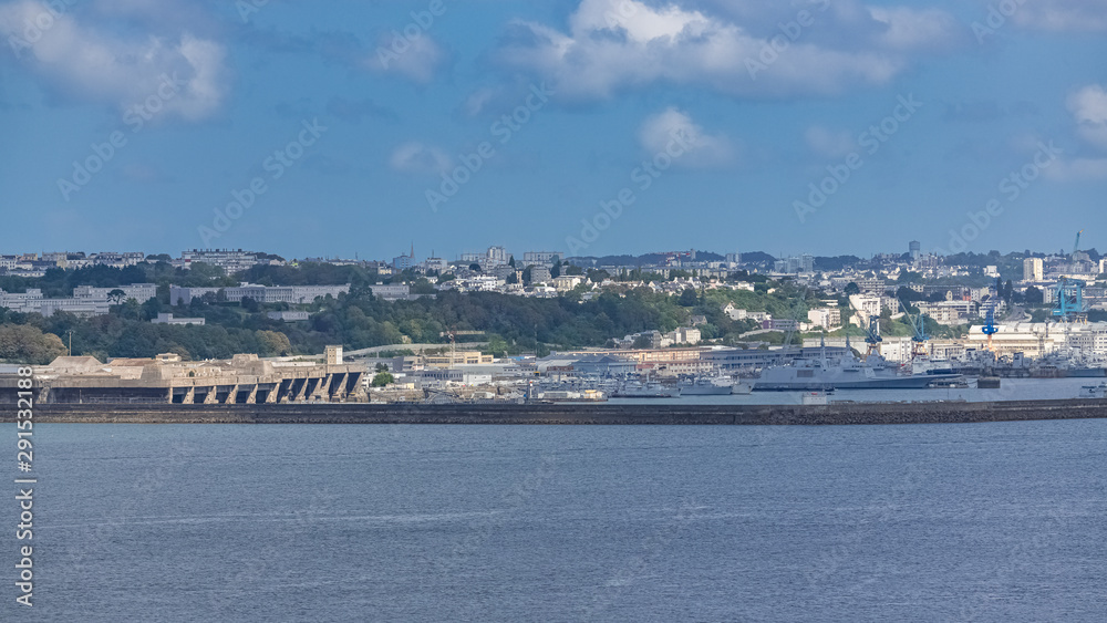 Brest in Brittany, panorama of the town view from the sea, with the submarine base