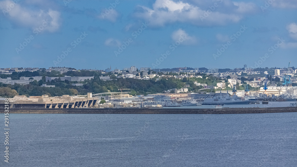 Brest in Brittany, panorama of the town view from the sea, with the submarine base Brest in Brittany, panorama of the town view from the sea, with the submarine base