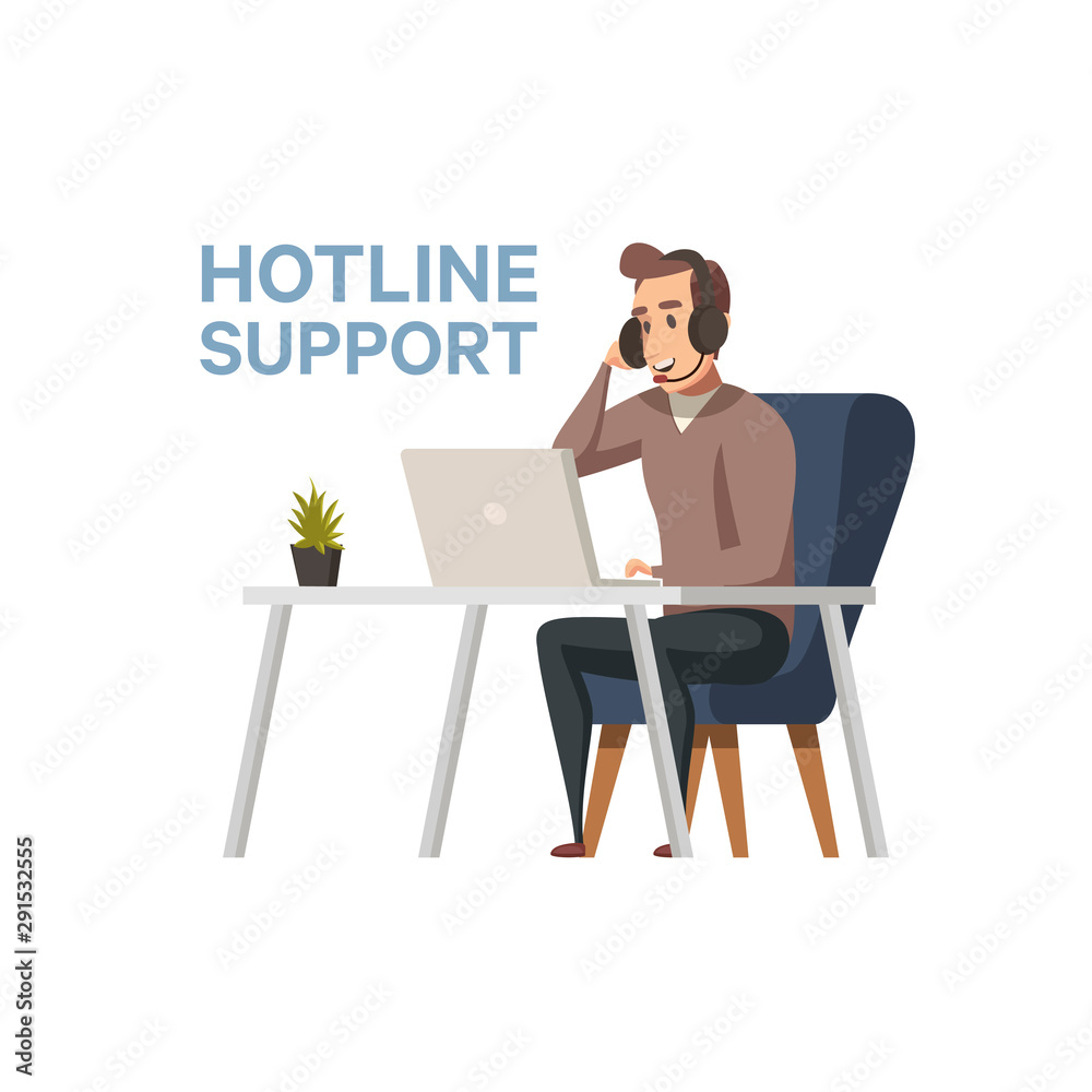 Have a question concept. Hotline professional operator of technical support with headset working on computer. Call center at work. Vector flat design illustration. Square layout. Have a question concept. Hotline professional operator of technical support with headset working on computer. Call center at work. Vector flat design illustration. Square layout.