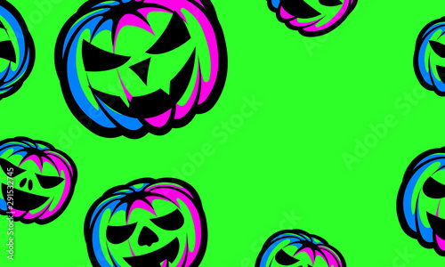 Halloween background. Halloween Night Party Poster with Green Neon Pumpkin Lantern.