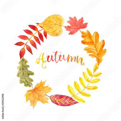 Watercolor autumn leaves wreath  isolated on white background. Festive fall decor with yellow  orange  red and green foliage. Hand painted oak  birch  maple  rowan leaf for Thanksgiving day.