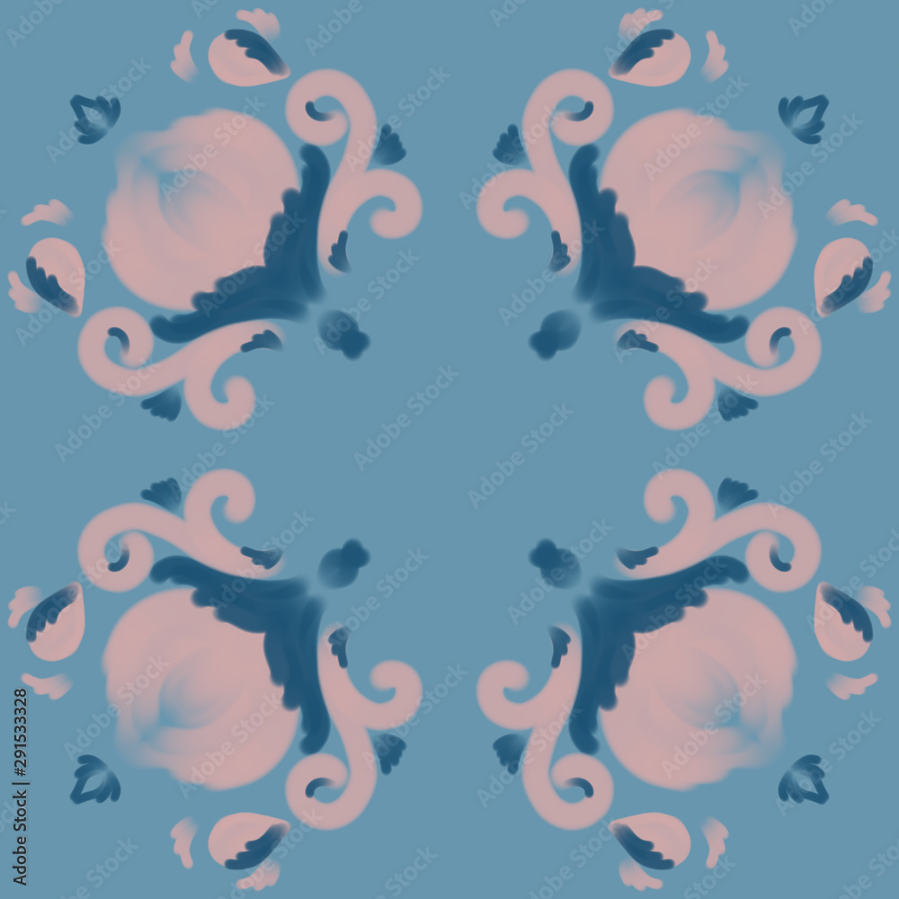Pastel cerulean and pink pattern with peony flowers. Luxury floral design for ceramic tiles or fabric. Ethnic carpet and textile background Pastel cerulean and pink pattern with peony flowers. Luxury floral design for ceramic tiles or fabric. Ethnic carpet and textile background