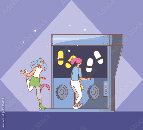 couple in video game console of coins with dancing steps