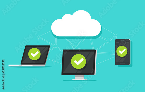 Cloud storage network technology between devices vector illustration, flat cartoon cellphone or mobile phone and desktop pc and laptop connected to cloud data tech