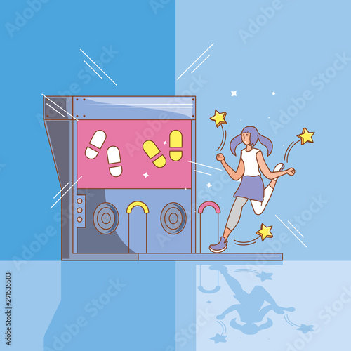 woman in video game console of coins with dancing steps