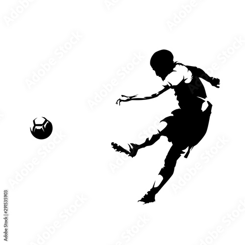 Soccer player kicking ball and scoring goal, abstract ink drawing vector silhouette. Isolated footballer, side view, comic style
