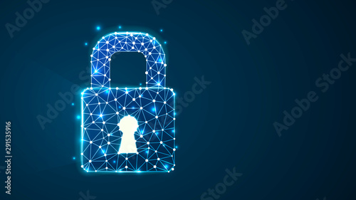 Locked padlock with long light shadow from the keyhole. Vector illustration consisting of points, lines, and shapes in the form of planets, stars, and the universe.
