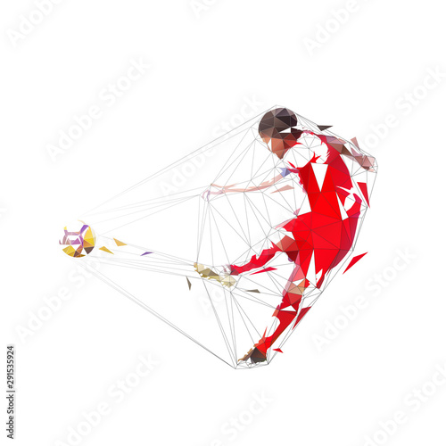 Soccer player kicking ball and scoring goal, abstract geometric low poly illustration, isolated vector footballer in red jersey