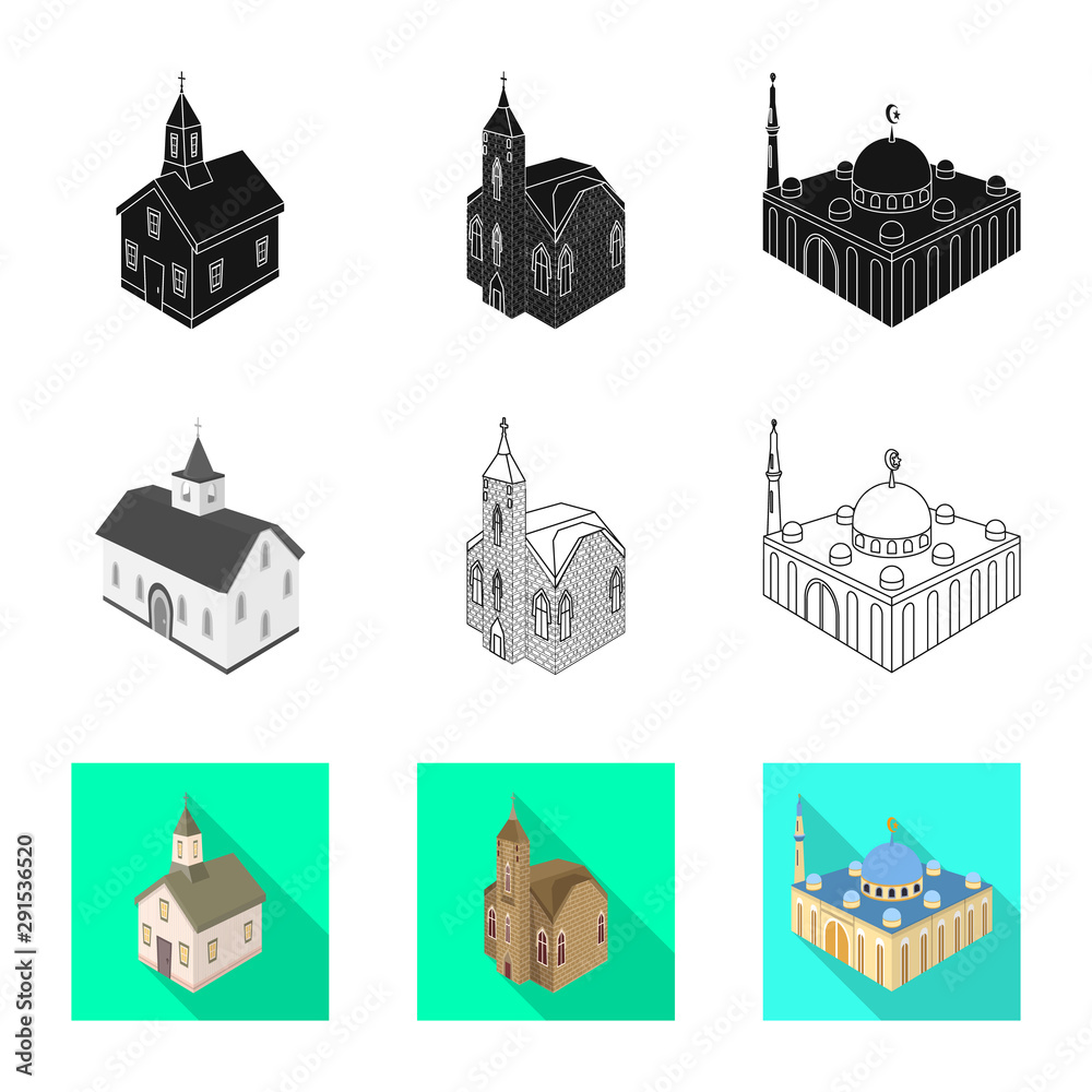 Vector design of temple and historic logo. Set of temple and faith vector icon for stock.