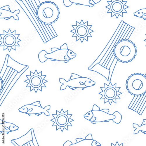 Pattern with fish, sun, inflatable mattress.