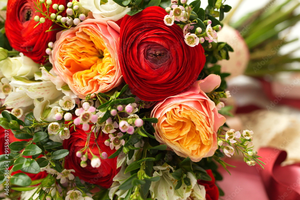 Festive table decoration with flowers at a wedding exhibition