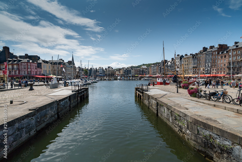 view of the Vieux Bassin harbor and port in the picturesque village of Honfleur in France