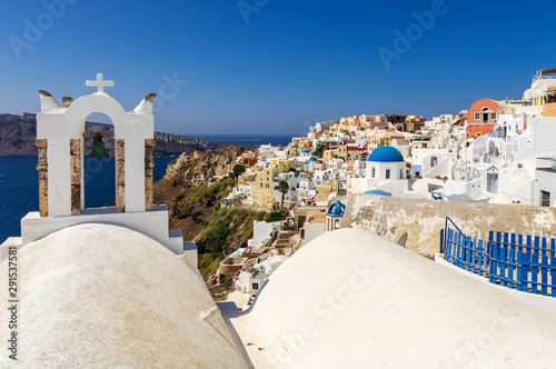 scenic view of the atoll Santorini , picturesque greek town with white buildings