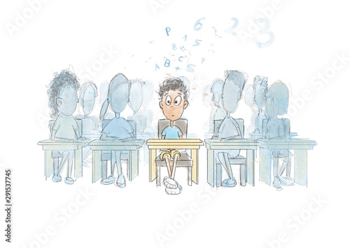 water color Illustration of an overstrained schoolchild in the class photo