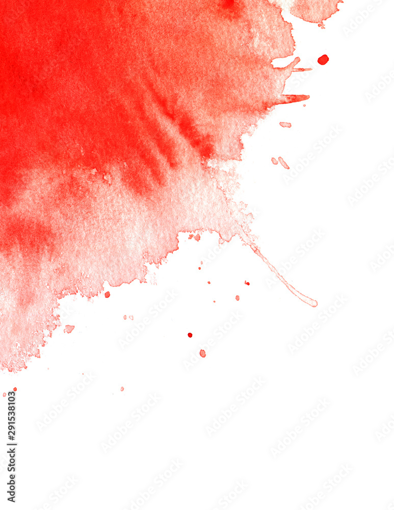 Abstract watercolor background. Red and white. Red blot in the upper corner. Watercolor fill. Vertical page template. Hand drawn illustration