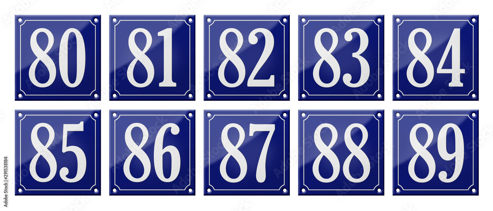 Set of traditional blue enamel signs - Numbers 80- 89 ilustración de Stock  | Adobe Stock