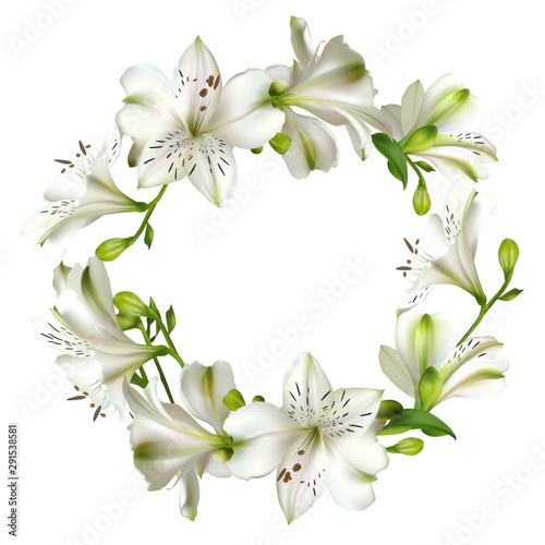 White flowers. Floral background. Leaves. Lilies. Wreath.