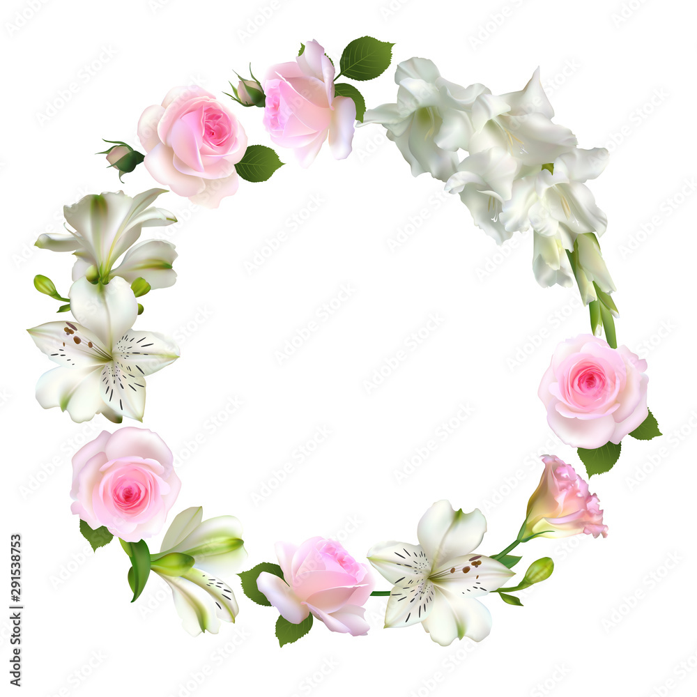 Flowers. Floral background. Roses. Lilies. Eustoma. Pink. Green leaves. Gladiolus. White.