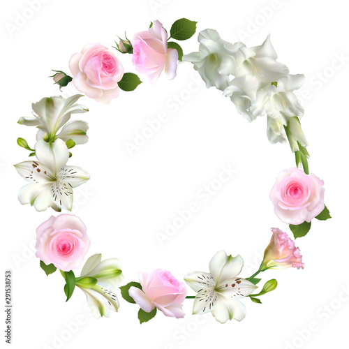 Flowers. Floral background. Roses. Lilies. Eustoma. Pink. Green leaves. Gladiolus. White.