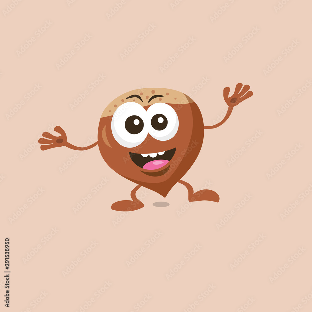 Obraz premium Illustration of cute happy hazelnut mascot with big smile isolated on light background. Flat design style for your mascot branding.