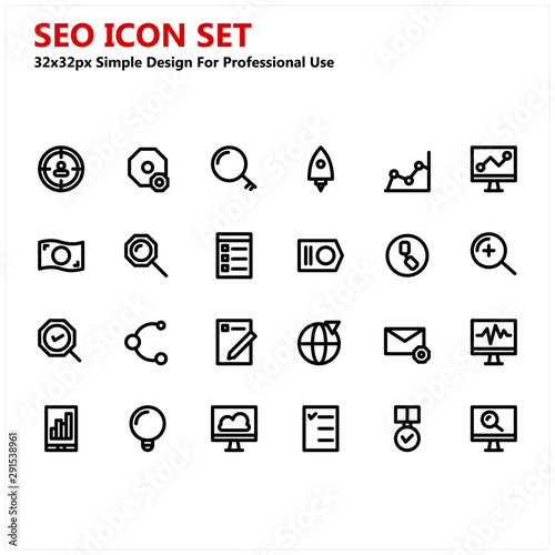 Seo Icon Set Simple Design for Professional Use. Contains such Icons as seo, seo setting, seo monitoring, backlink, and more. Vector base.