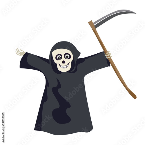Grim reaper in black cloak with hood and a scythe isolated on a white background. Smiling skull. Vector illustration of funny cartoon character in simple flat style.