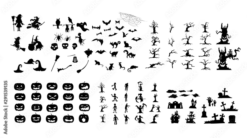 Fototapeta premium The Collection of halloween silhouettes icons and characters, Shape of halloween character ready made for use. EPS10 Vector.