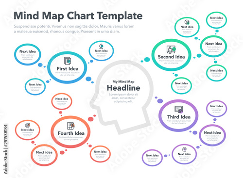 Modern infographic for mind map visualization template with head as a main symbol, colorful circles and icons. Easy to use for your design or presentation.