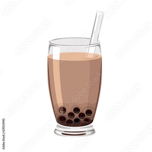 Bubble Tea or Boba Tea in glass with straw isolated on white background. Brown Sugar Tapioca Pearl Milk.  Vector illustration of a drink in cartoon simple flat style.