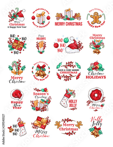 Christmas holidays logo vector set. Winter season festive hand drawn color stickers with typography pack. Merry Xmas, Ho Ho Ho greetings letterings. New Year celebration badges isolated collection
