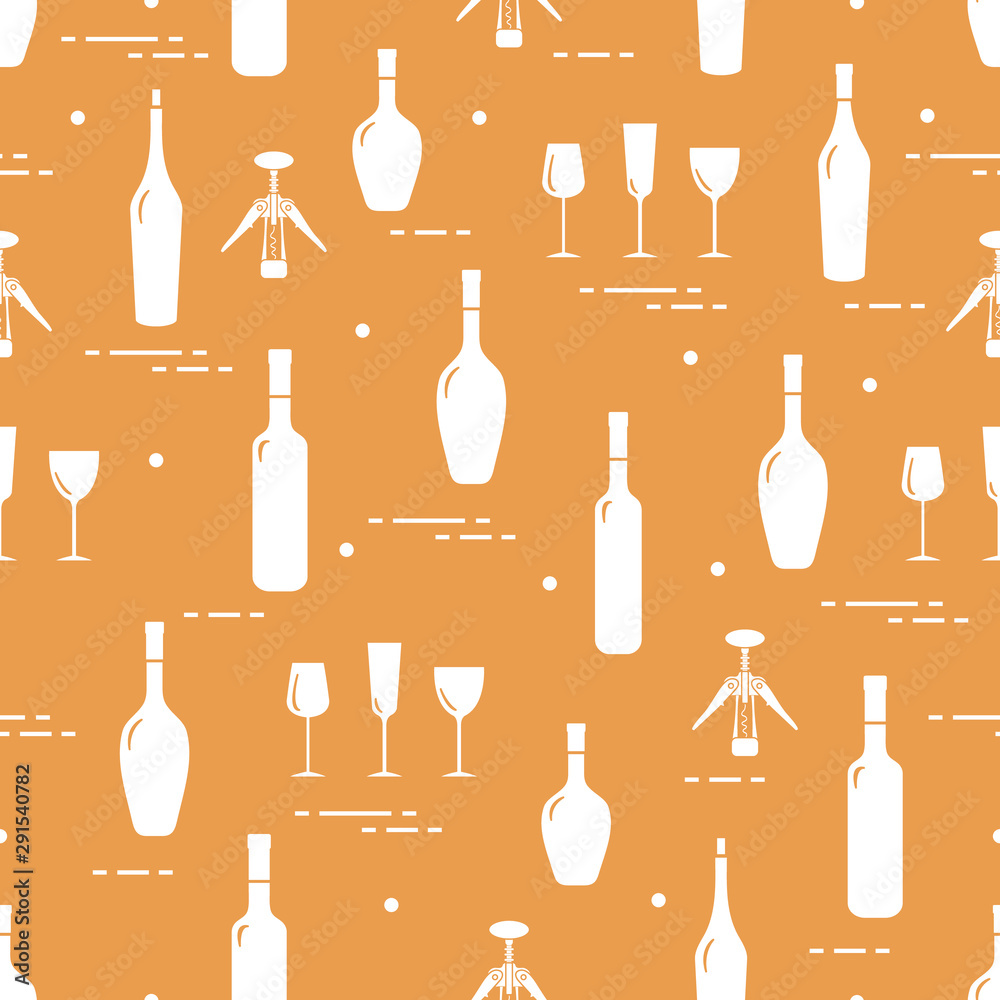 Pattern of wine glasses, bottles, corkscrew. Pattern of wine glasses, bottles, corkscrew.