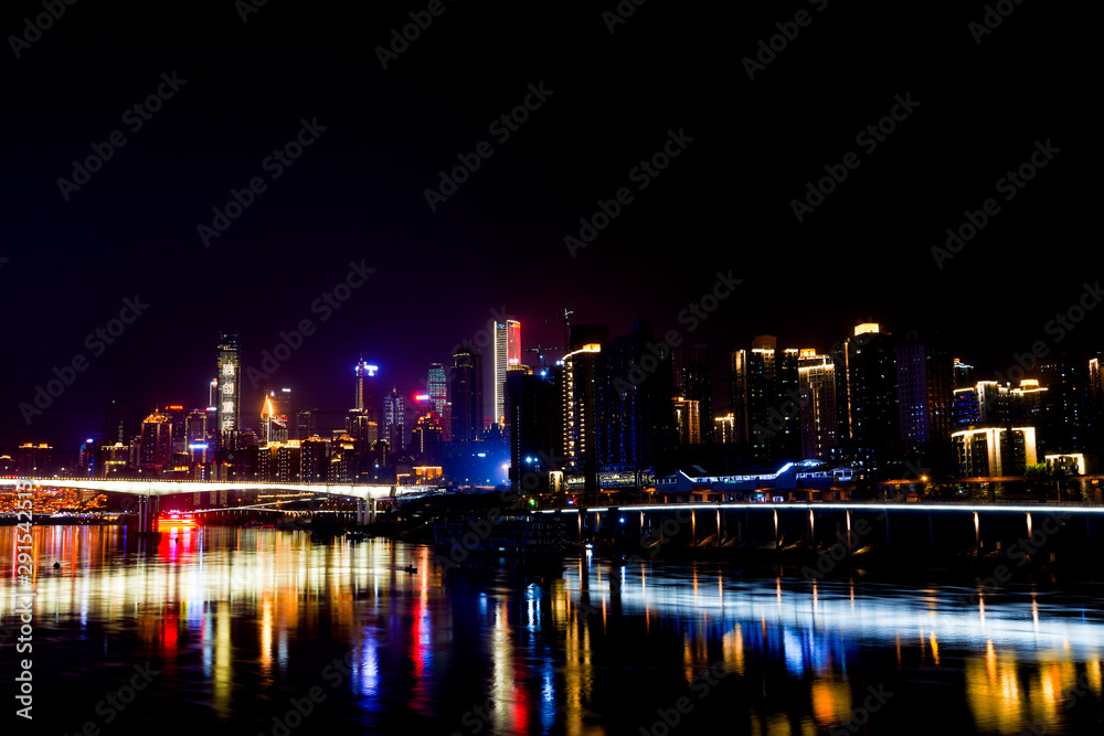Night Scenery of High-rise Buildings of Chongqing River-Crossing Bridge in Asia