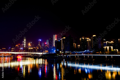 Night Scenery of High-rise Buildings of Chongqing River-Crossing Bridge in Asia