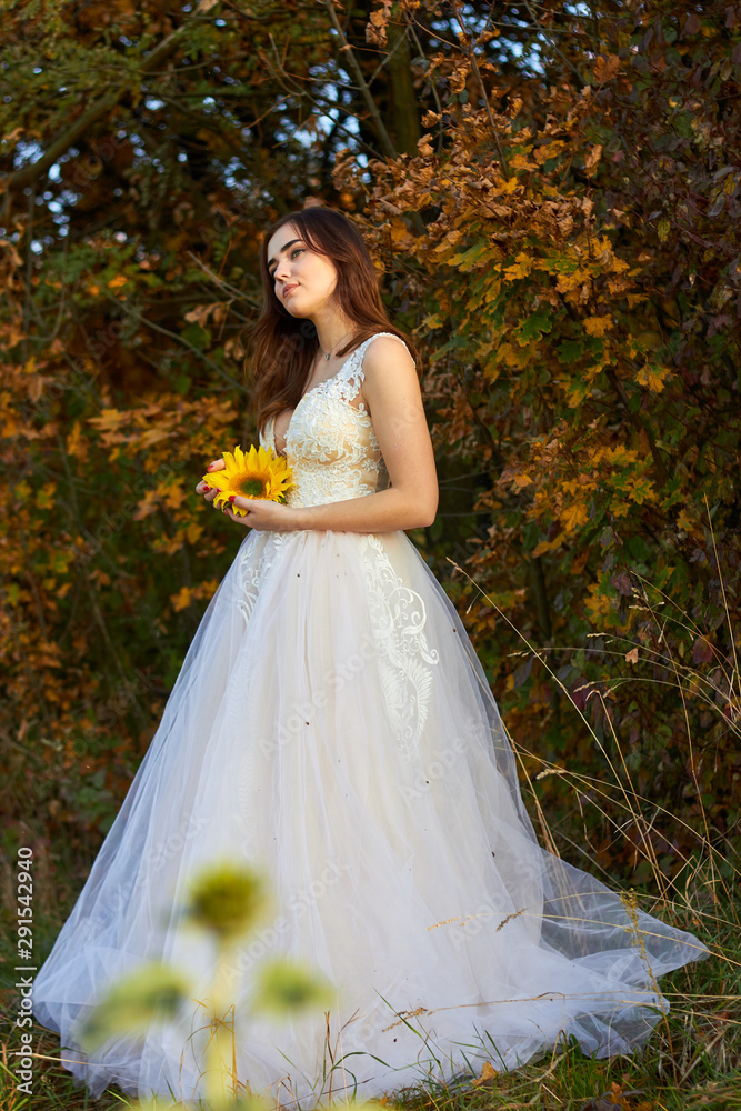 Beautiful lovely girl in a white dress with a sunflower in her hands. Sunlight plays on the field. Enjoy the nature. Autumn time.